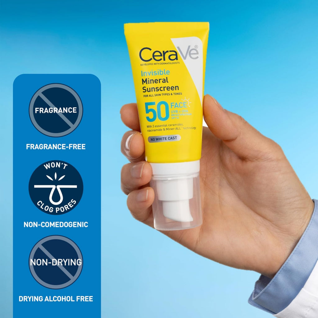CeraVe Invisible Mineral Sunscreen SPF 50 for Face, Sensitive Skin – Travel Size