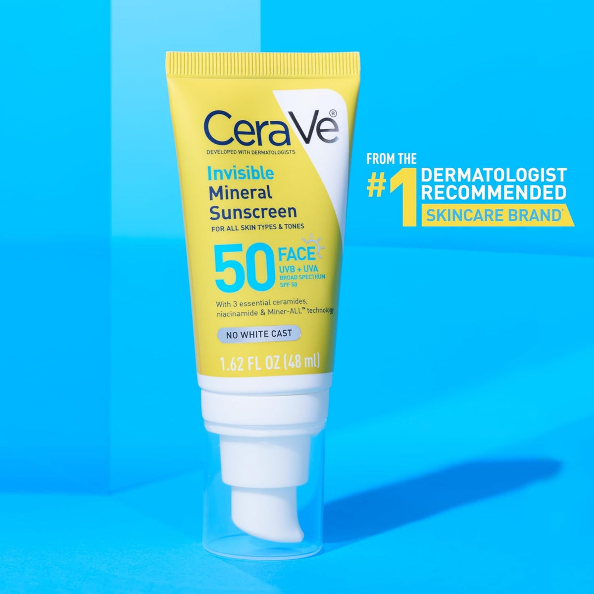 CeraVe Invisible Mineral Sunscreen SPF 50 for Face, Sensitive Skin – Travel Size