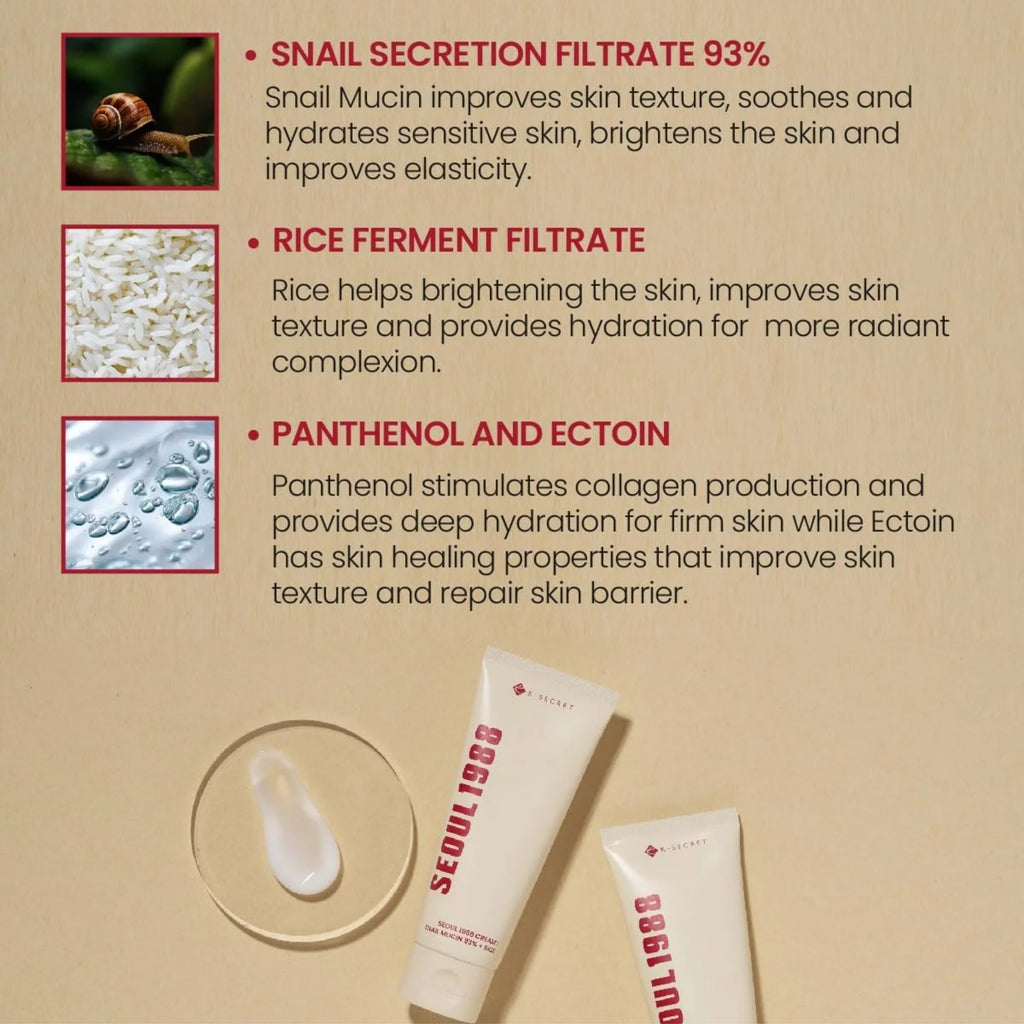 K-SECRET SEOUL 1988 Cream with 93% Snail Mucin + Rice – Hydrating Korean Face Cream