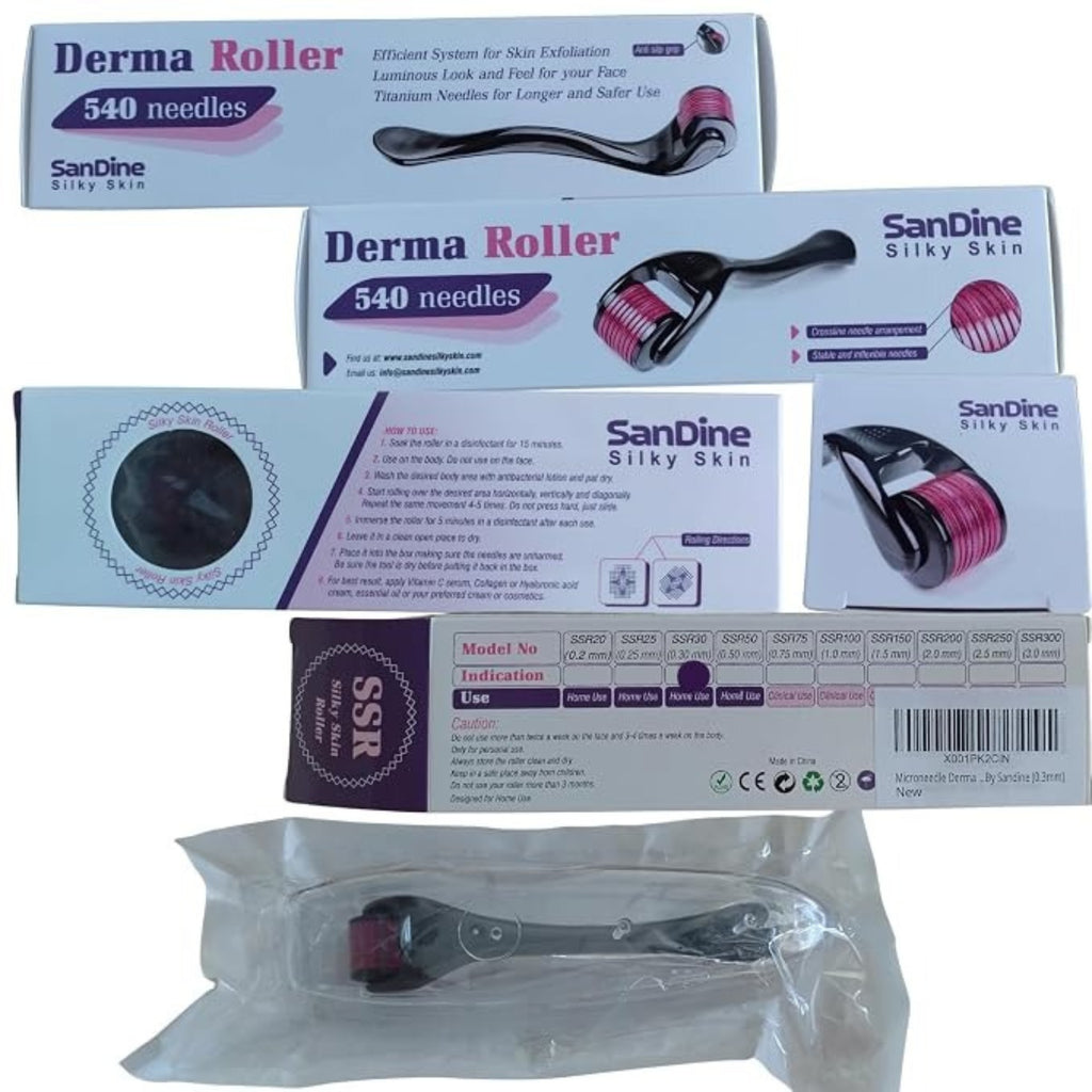 Sandine Microneedle Derma Roller 0.3mm – 540 Titanium Micro Needles for Facial Skin Care & Smooth-Looking Skin