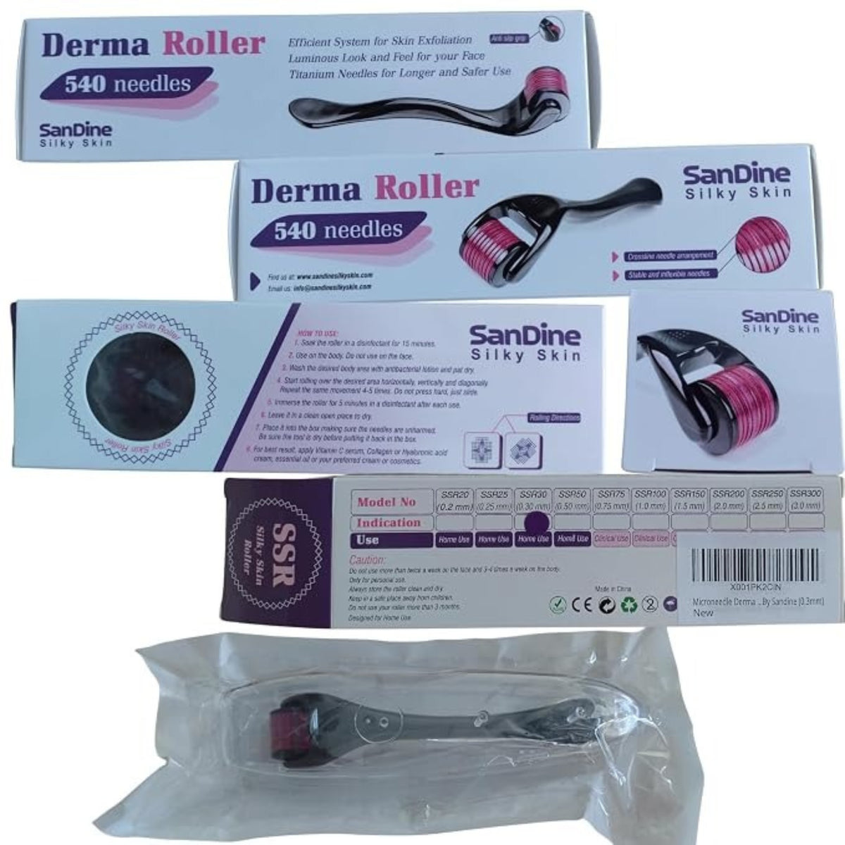Sandine Microneedle Derma Roller 0.3mm – 540 Titanium Micro Needles for Facial Skin Care & Smooth-Looking Skin