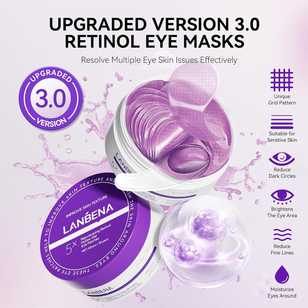 LANBENA Retinol Under Eye Patches – Cooling Hydra-Gel Eye Masks for Dark Circles, Puffy Eyes & Fine Lines, 30 Pairs