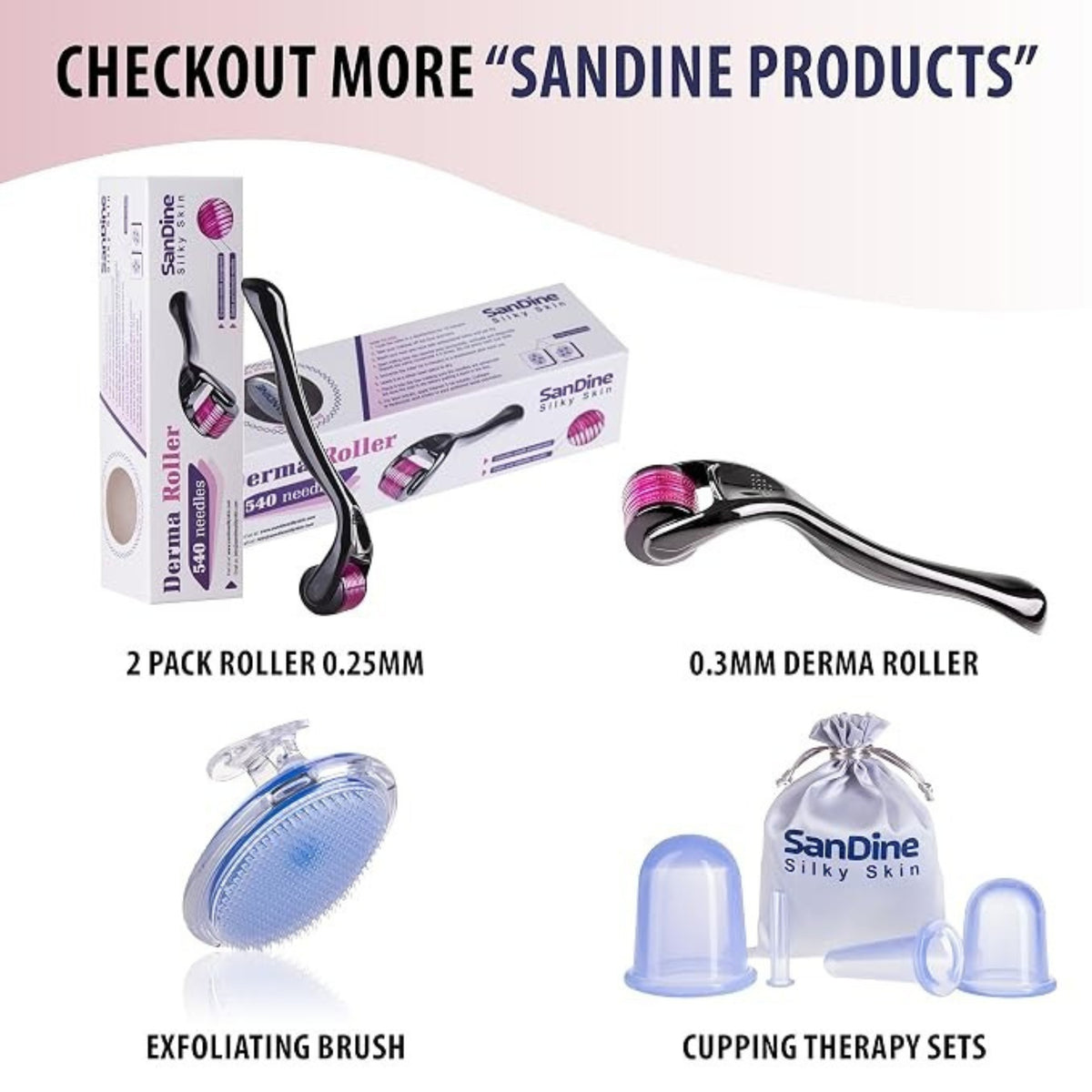 Sandine Microneedle Derma Roller 0.3mm – 540 Titanium Micro Needles for Facial Skin Care & Smooth-Looking Skin