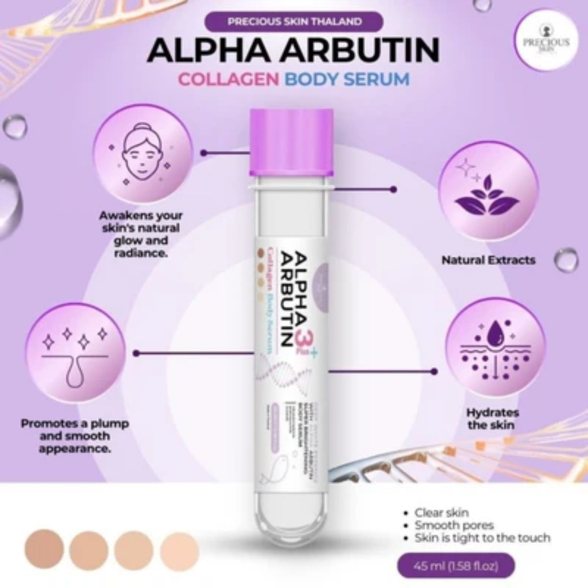 Precious Skin Thailand Alpha Arbutin 3+ Collagen Body Serum 45ml – Hydrating Brightening Body Essence for Smooth, Radiant-Looking Skin