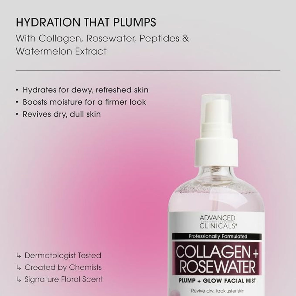 Advanced Clinicals Collagen Rosewater Face Mist 7.5 fl oz – Hydrating Facial Mist with Rose Water & Collagen