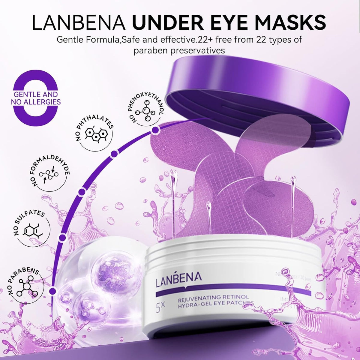 LANBENA Retinol Under Eye Patches – Cooling Hydra-Gel Eye Masks for Dark Circles, Puffy Eyes & Fine Lines, 30 Pairs